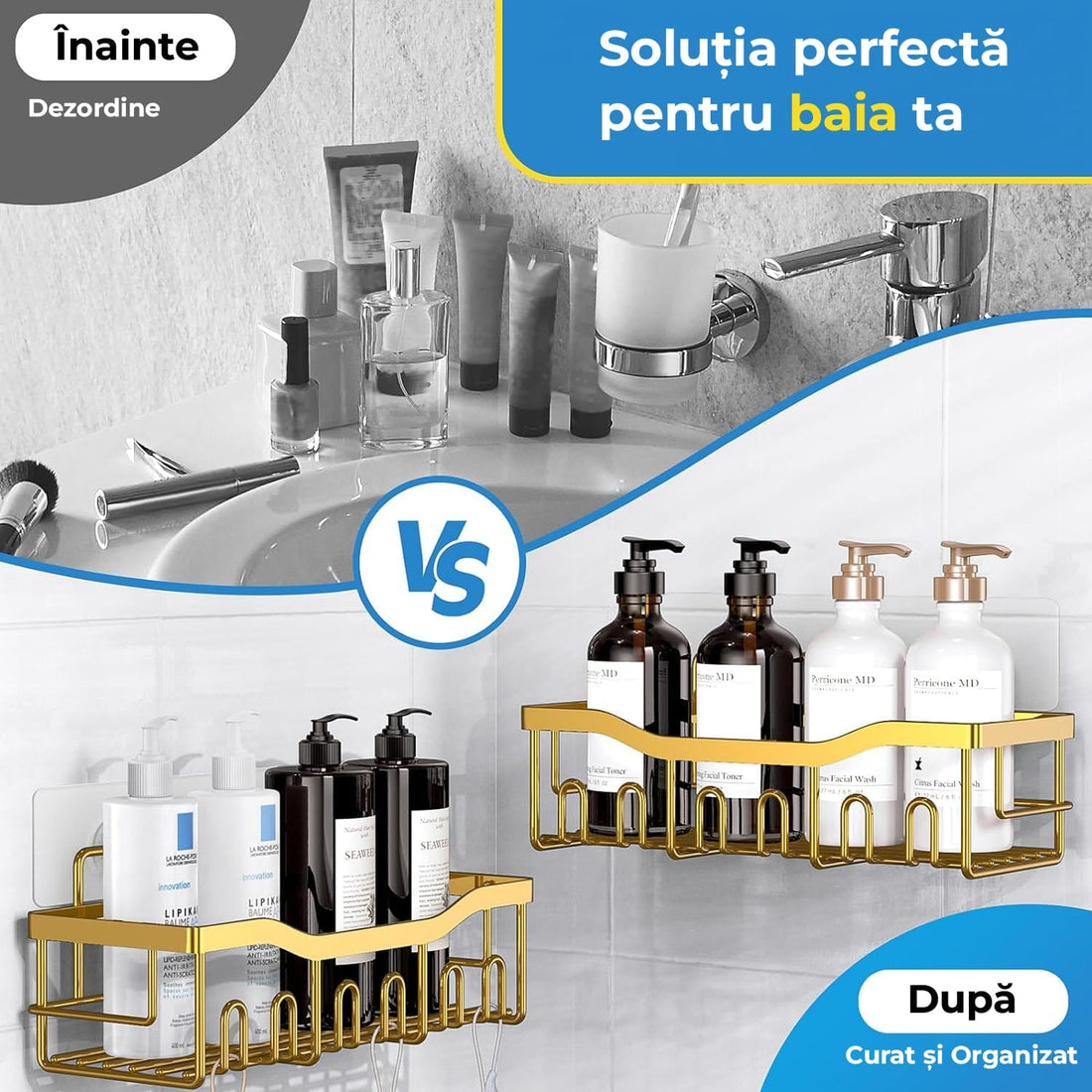 Raft pentru Duș și Organizator de Baie, Set de 5 Bucăți cu Adeziv, Fără Găuri, Auriu
