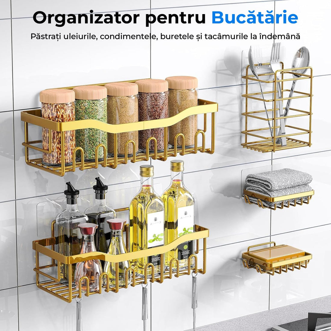 Raft pentru Duș și Organizator de Baie, Set de 5 Bucăți cu Adeziv, Fără Găuri, Auriu