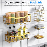 Raft pentru Duș și Organizator de Baie, Set de 5 Bucăți cu Adeziv, Fără Găuri, Auriu
