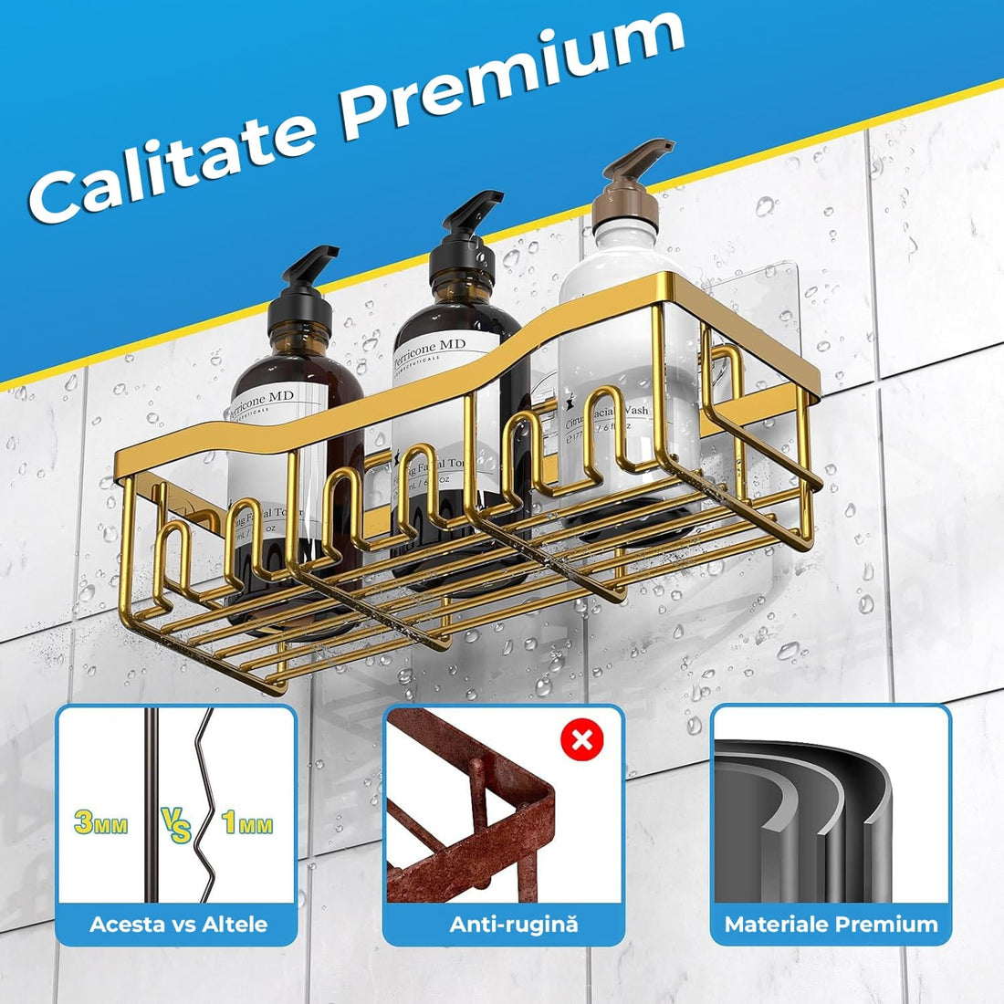 Raft pentru Duș și Organizator de Baie, Set de 5 Bucăți cu Adeziv, Fără Găuri, Auriu