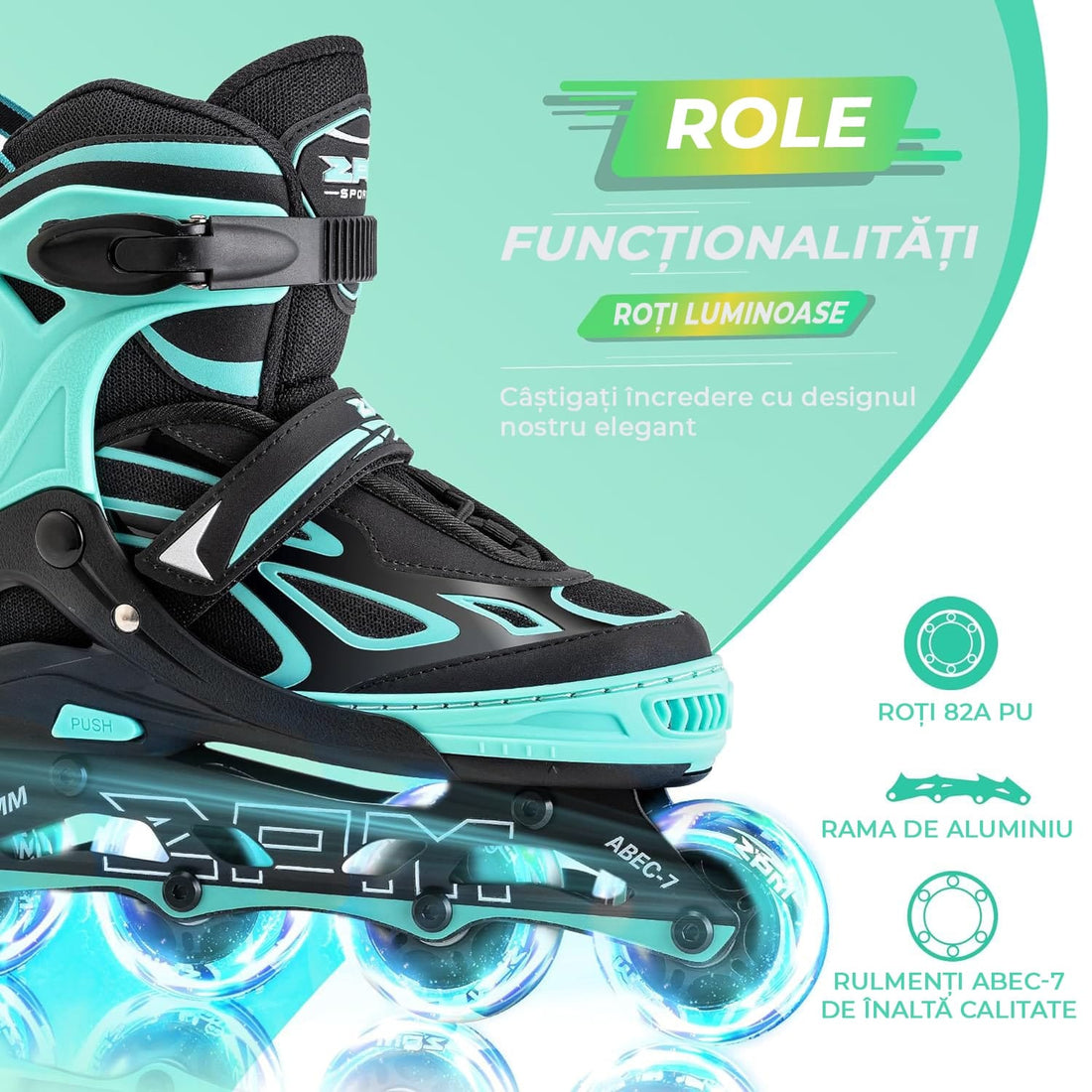Role Reglabile L 38-41, Roți Luminoase Silicon, Rulmenți ABEC-7, Verde Mentă