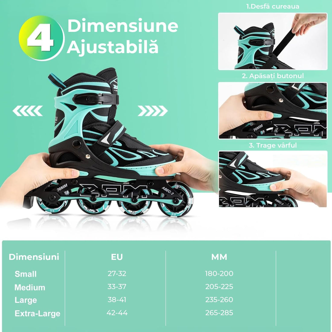 Role Reglabile L 38-41, Roți Luminoase Silicon, Rulmenți ABEC-7, Verde Mentă