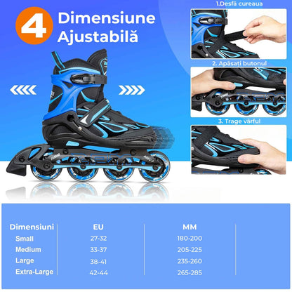 Role Reglabile S 27-32, Roți Luminoase Silicon, Rulmenți ABEC-7, Albastru