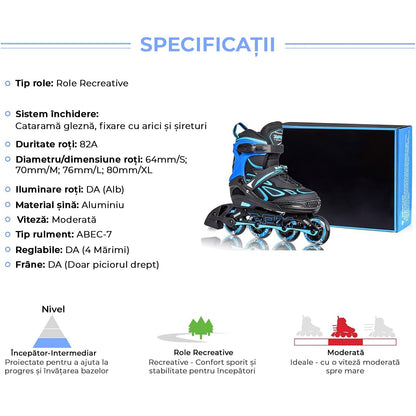 Role Reglabile M 33-37, Roți Luminoase Silicon, Rulmenți ABEC-7, Albastru