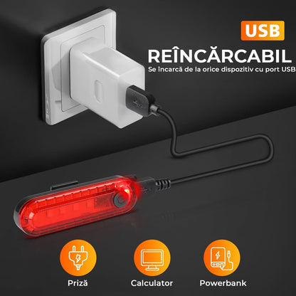 Set 2 Lumini LED Spate Bicicletă, Încărcare USB, 4 Moduri, Impermeabile IPX4, Negru