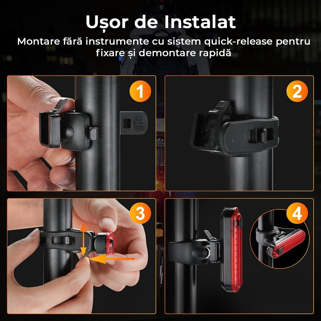 Set 2 Lumini LED Spate Bicicletă, Încărcare USB, 4 Moduri, Impermeabile IPX4, Negru