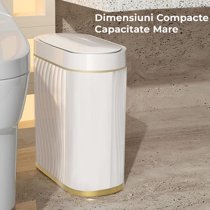 Coș de Gunoi Inteligent cu Senzor de Mișcare Infraroșu, 7.5L, Capac Automat Anti-Miros, Silențios, Rezistent la Apă IPX5, Alb/Auriu