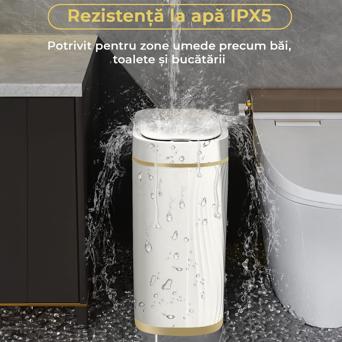 Coș de Gunoi Inteligent cu Senzor de Mișcare Infraroșu, 7.5L, Capac Automat Anti-Miros, Silențios, Rezistent la Apă IPX5, Alb/Auriu