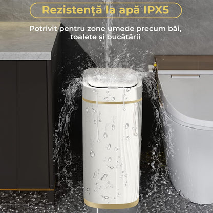 Coș de Gunoi Inteligent cu Senzor de Mișcare Infraroșu, 7.5L, Capac Automat Anti-Miros, Silențios, Rezistent la Apă IPX5, Alb/Auriu