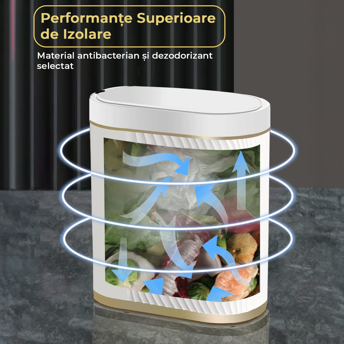 Coș de Gunoi Inteligent cu Senzor de Mișcare Infraroșu, 7.5L, Capac Automat Anti-Miros, Silențios, Rezistent la Apă IPX5, Alb/Auriu