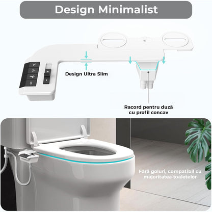 Bideu pentru Toaletă Ultra-Slim Non-Electric cu Auto-Curățare, Control de Presiune, Duze Duble pentru Igienă Personală, Apă Rece, Alb