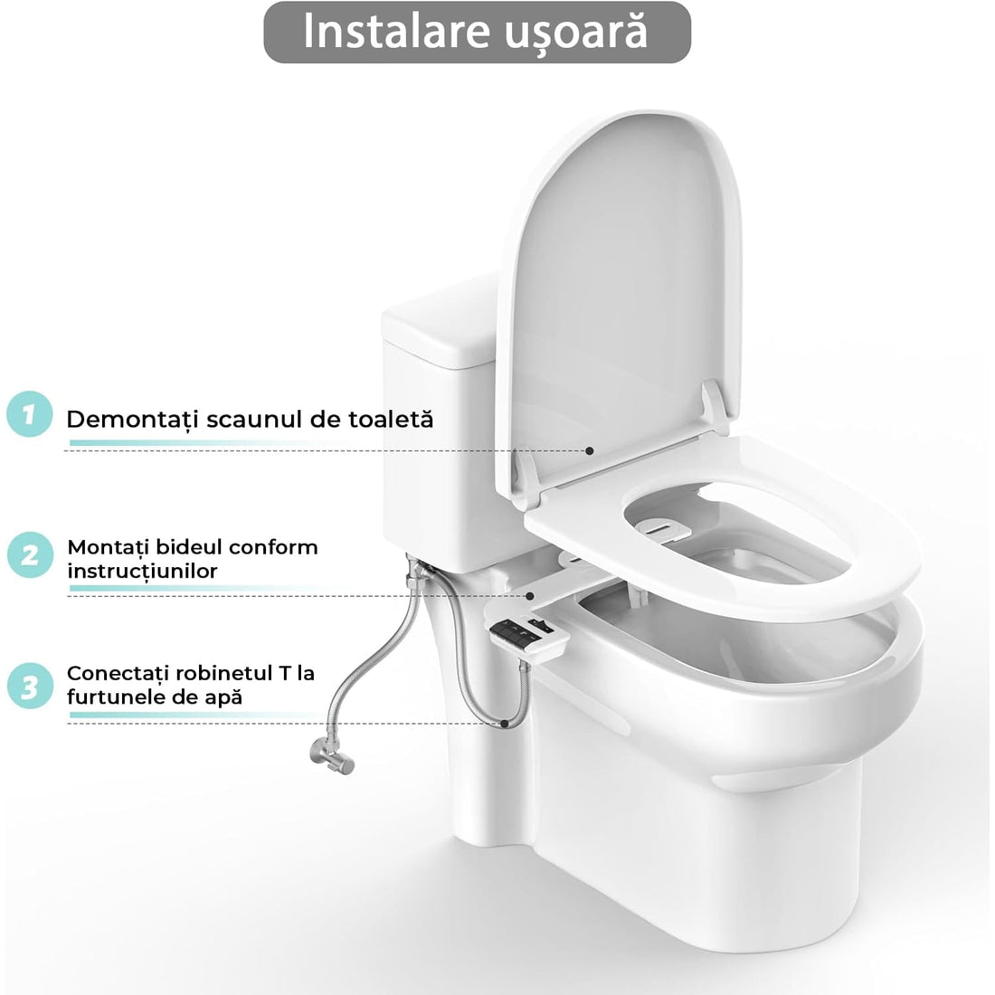 Bideu pentru Toaletă Ultra-Slim Non-Electric cu Auto-Curățare, Control de Presiune, Duze Duble pentru Igienă Personală, Apă Rece, Alb