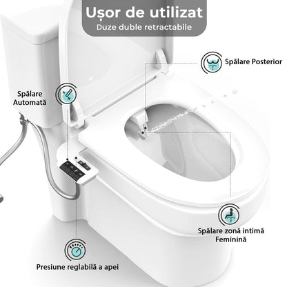 Bideu pentru Toaletă Ultra-Slim Non-Electric cu Auto-Curățare, Control de Presiune, Duze Duble pentru Igienă Personală, Apă Rece, Alb