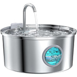 Dispenser automat apă 3.2 L pentru pisici și câini, oțel inoxidabil 304, model rotund, cu fereastră pentru nivelul apei, filtrare multiplă, ultra-silențios, argintiu
