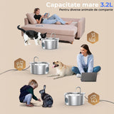 Dispenser automat apă 3.2 L pentru pisici și câini, oțel inoxidabil 304, model rotund, cu fereastră pentru nivelul apei, filtrare multiplă, ultra-silențios, argintiu