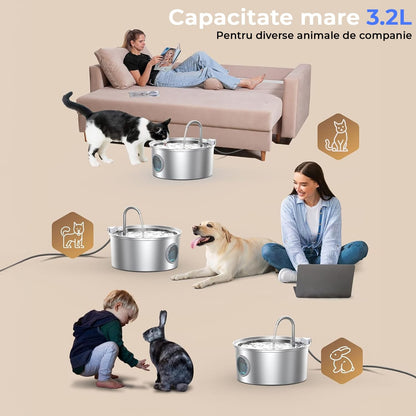 Dispenser automat apă 3.2 L pentru pisici și câini, oțel inoxidabil 304, model rotund, cu fereastră pentru nivelul apei, filtrare multiplă, ultra-silențios, argintiu