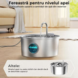 Dispenser automat apă 3.2 L pentru pisici și câini, oțel inoxidabil 304, model rotund, cu fereastră pentru nivelul apei, filtrare multiplă, ultra-silențios, argintiu