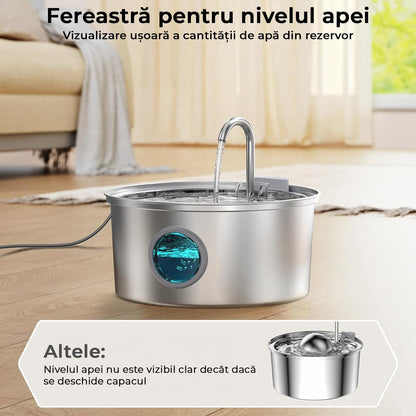 Dispenser automat apă 3.2 L pentru pisici și câini, oțel inoxidabil 304, model rotund, cu fereastră pentru nivelul apei, filtrare multiplă, ultra-silențios, argintiu