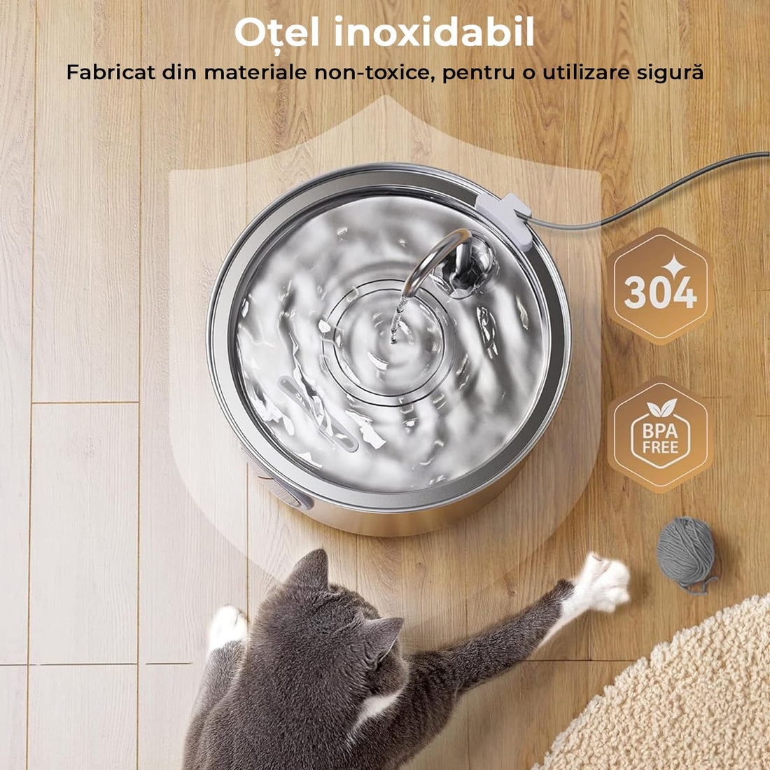 Dispenser automat apă 3.2 L pentru pisici și câini, oțel inoxidabil 304, model rotund, cu fereastră pentru nivelul apei, filtrare multiplă, ultra-silențios, argintiu