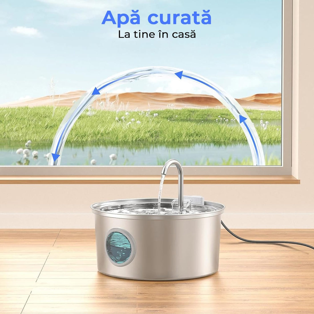 Dispenser automat apă 3.2 L pentru pisici și câini, oțel inoxidabil 304, model rotund, cu fereastră pentru nivelul apei, filtrare multiplă, ultra-silențios, argintiu