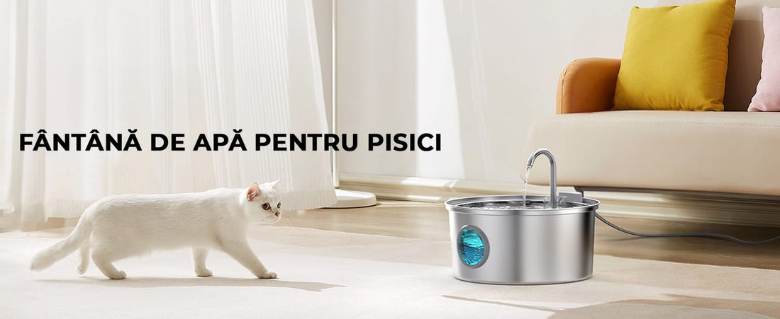 Dispenser automat apă 3.2 L pentru pisici și câini, oțel inoxidabil 304, model rotund, cu fereastră pentru nivelul apei, filtrare multiplă, ultra-silențios, argintiu