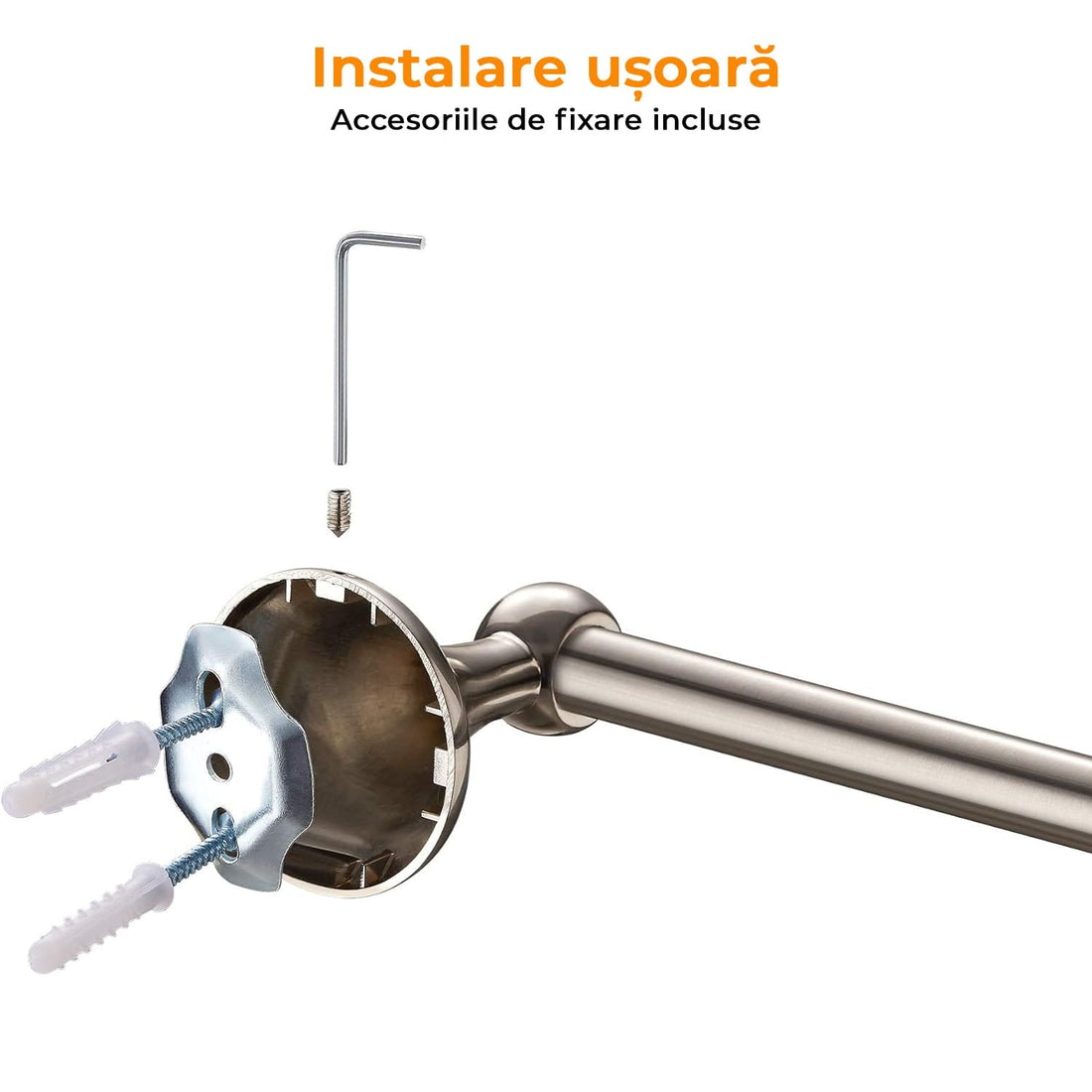 Set accesorii pentru baie, 4 piese, montare pe perete, bară extensibilă pentru prosoape, suport pentru hârtie igienică, inele pentru prosop, cârlig pentru halat, nichelat satinat