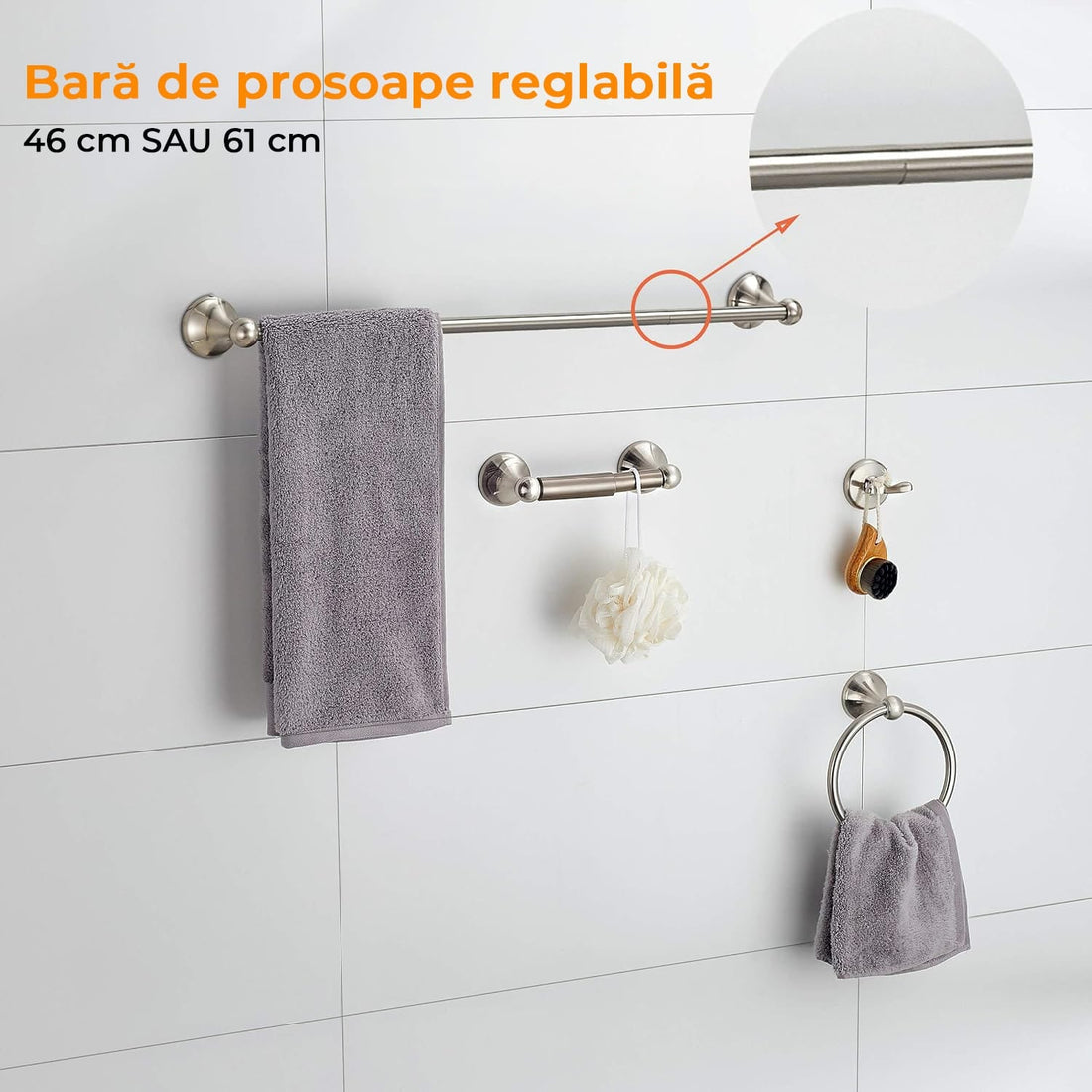 Set accesorii pentru baie, 4 piese, montare pe perete, bară extensibilă pentru prosoape, suport pentru hârtie igienică, inele pentru prosop, cârlig pentru halat, nichelat satinat