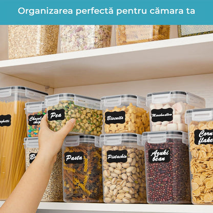 Set 15 Recipiente pentru Bucătărie, Stocare Alimente, Închidere Ermetică, Fără BPA, cu 24 Etichete Reutilizabile și Marker, Transparent