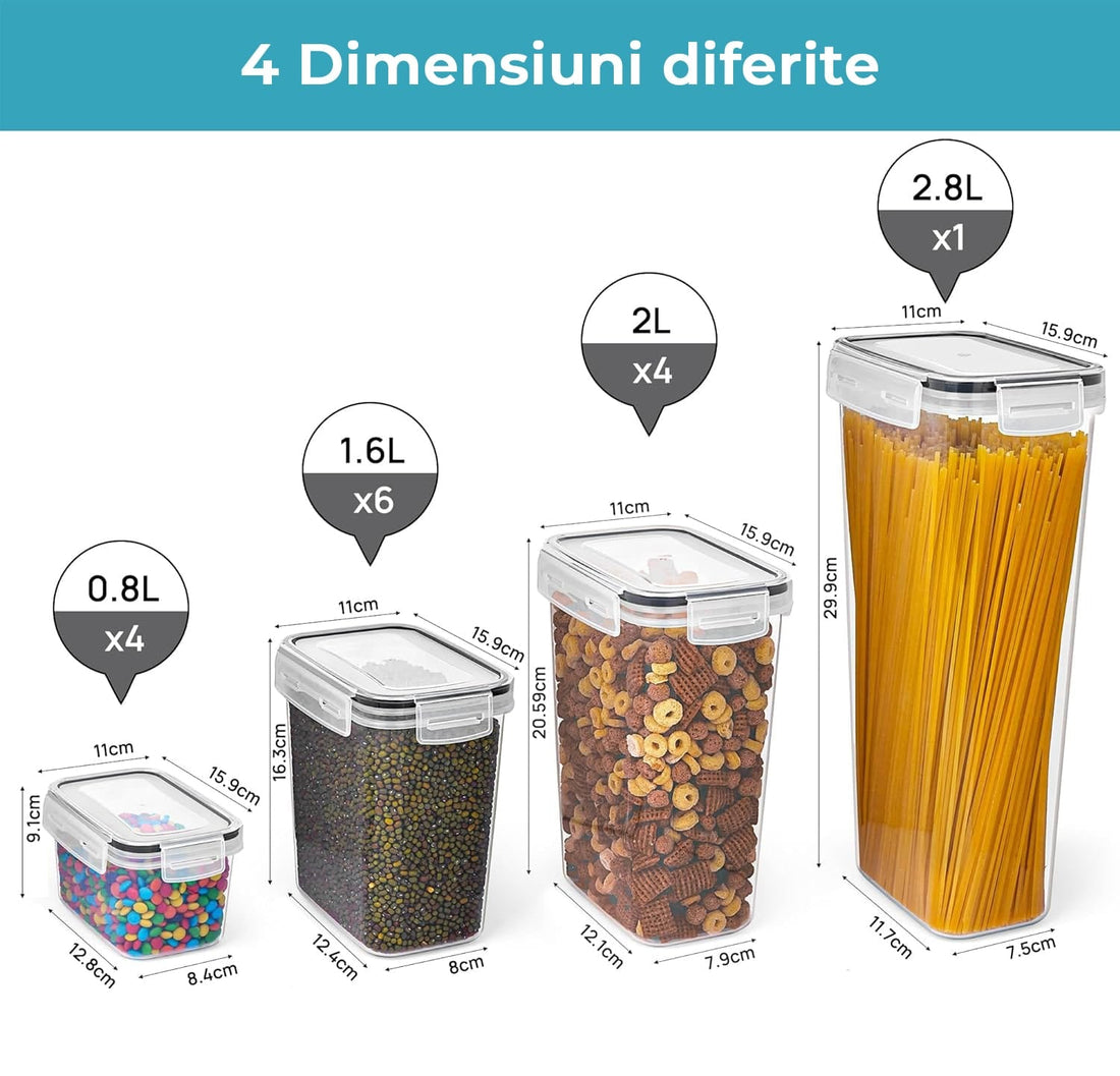 Set 15 Recipiente pentru Bucătărie, Stocare Alimente, Închidere Ermetică, Fără BPA, cu 24 Etichete Reutilizabile și Marker, Transparent