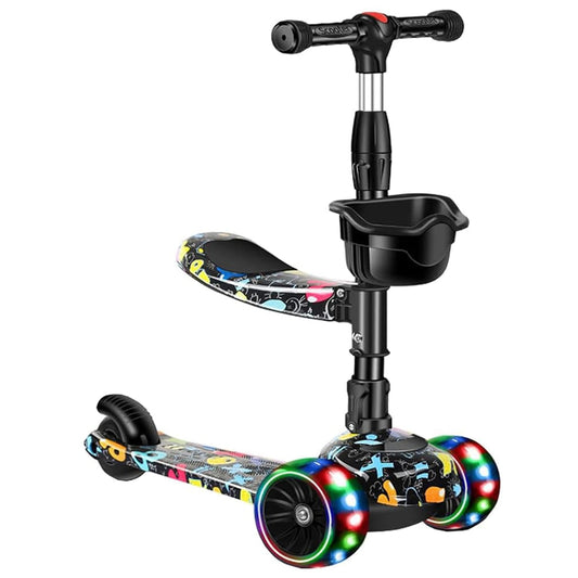 Trotinetă Copii 2 în 1, cu Șezut și Roți Luminoase, 3-8 Ani, 80 kg, Negru/Multicolor