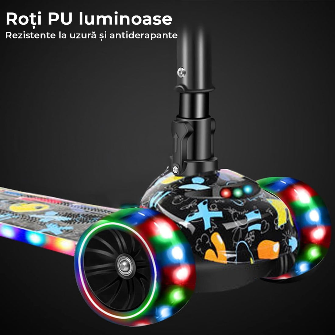 Trotineta pentru Copii cu Sezut Elindor® Pliabila, Tansformabila 2 in 1, cu Scaun, cu Roti cu Lumini LED, pentru Fete si Baieti de 3 - 8 ani, Sistem Ghidon cu Inclinare, Ajustabil 67 - 77 cm, Suprafata Antiderapanta, Negru / Multicolor