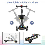 Trotineta pentru Copii cu Sezut Elindor® Pliabila, Tansformabila 2 in 1, cu Scaun, cu Roti cu Lumini LED, pentru Fete si Baieti de 3 - 8 ani, Sistem Ghidon cu Inclinare, Ajustabil 67 - 77 cm, Suprafata Antiderapanta, Negru / Multicolor