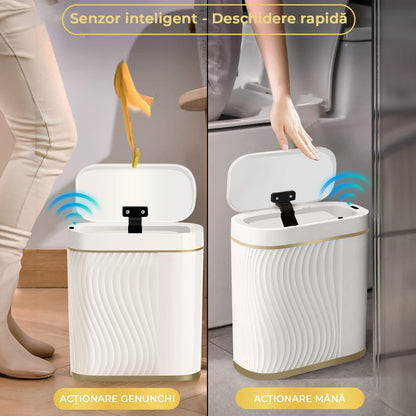 Coș de Gunoi Inteligent cu Senzor de Mișcare Infraroșu, 9L, Capac Automat Anti-Miros, Silențios, Rezistent la Apă IPX5, Alb/Auriu, pentru Baie, Bucătărie, Birou, Dormitor