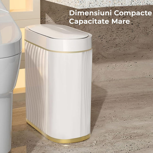 Coș de Gunoi Inteligent cu Senzor de Mișcare Infraroșu, 9L, Capac Automat Anti-Miros, Silențios, Rezistent la Apă IPX5, Alb/Auriu, pentru Baie, Bucătărie, Birou, Dormitor