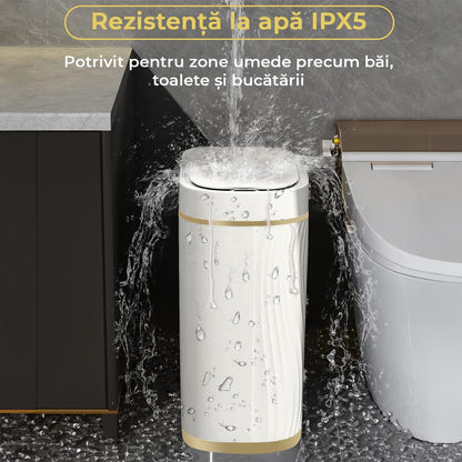 Coș de Gunoi Inteligent cu Senzor de Mișcare Infraroșu, 9L, Capac Automat Anti-Miros, Silențios, Rezistent la Apă IPX5, Alb/Auriu, pentru Baie, Bucătărie, Birou, Dormitor