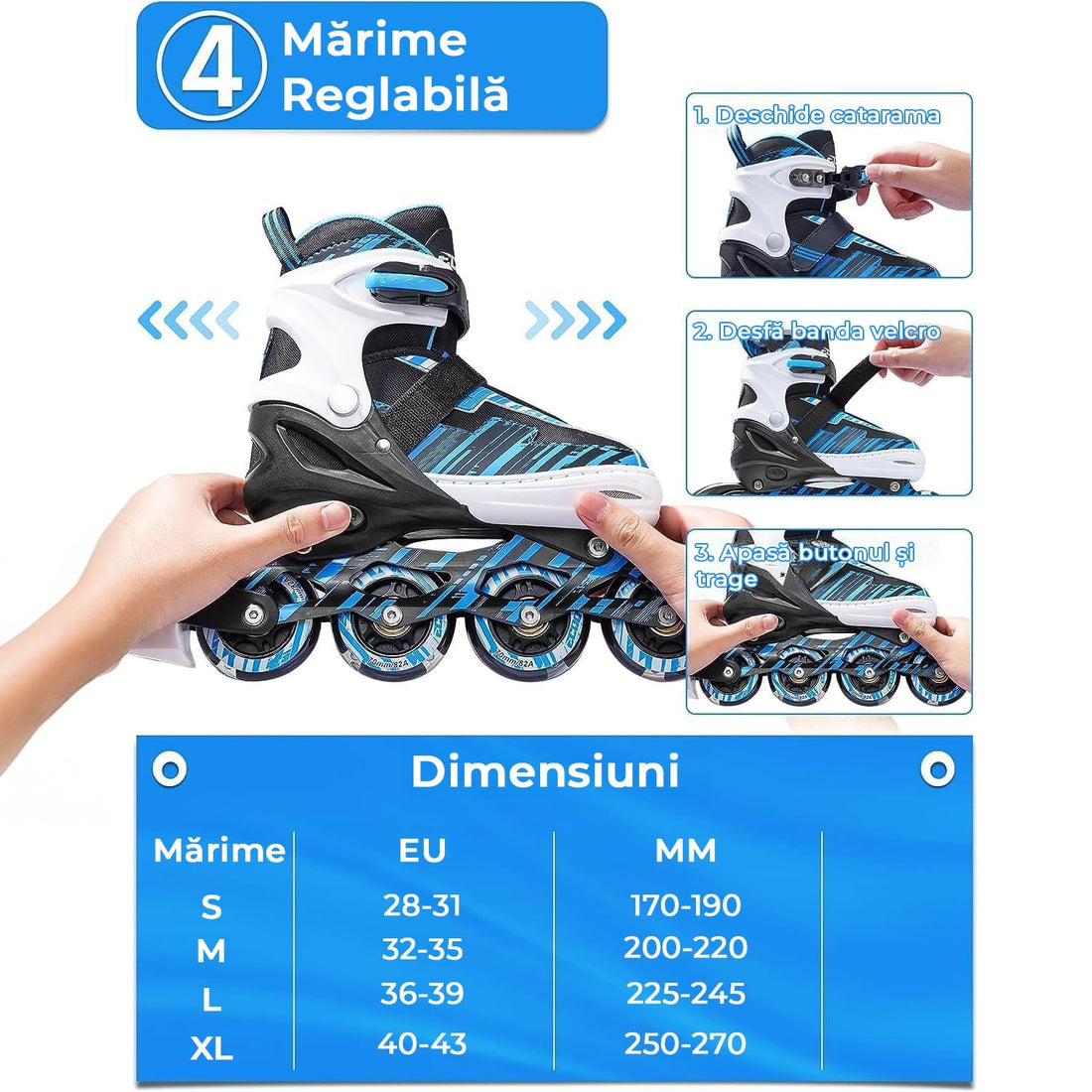 Role reglabile copii și adulți, 4 roți luminoase din silicon, rulmenți ABEC-7, mărime M 32-35, albastru