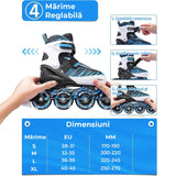 Role reglabile copii și adulți, 4 roți luminoase din silicon, rulmenți ABEC-7, mărime M 32-35, albastru