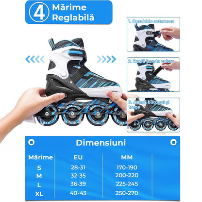 Role reglabile pentru copii si adulti, roti luminoase din silicon, 4 roti in linie, rulmenti ABEC-7, Aluminiu/poliuretan, model EK3, marimea XL 40-43, Albastru