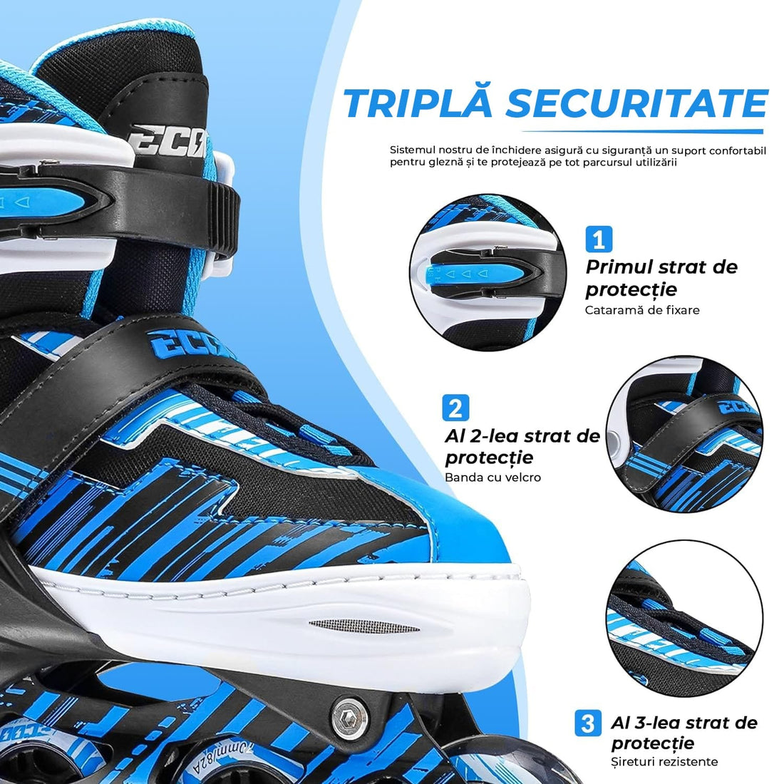 Role reglabile pentru copii si adulti, roti luminoase din silicon, 4 roti in linie, rulmenti ABEC-7, Aluminiu/poliuretan, model EK3, marimea XL 40-43, Albastru