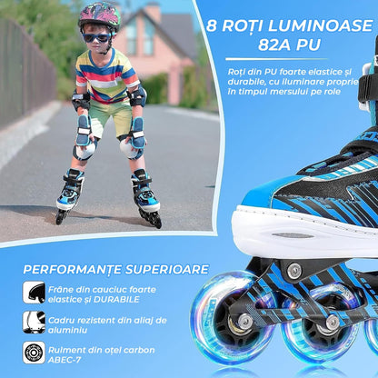 Role reglabile pentru copii si adulti, roti luminoase din silicon, 4 roti in linie, rulmenti ABEC-7, Aluminiu/poliuretan, model EK3, marimea XL 40-43, Albastru