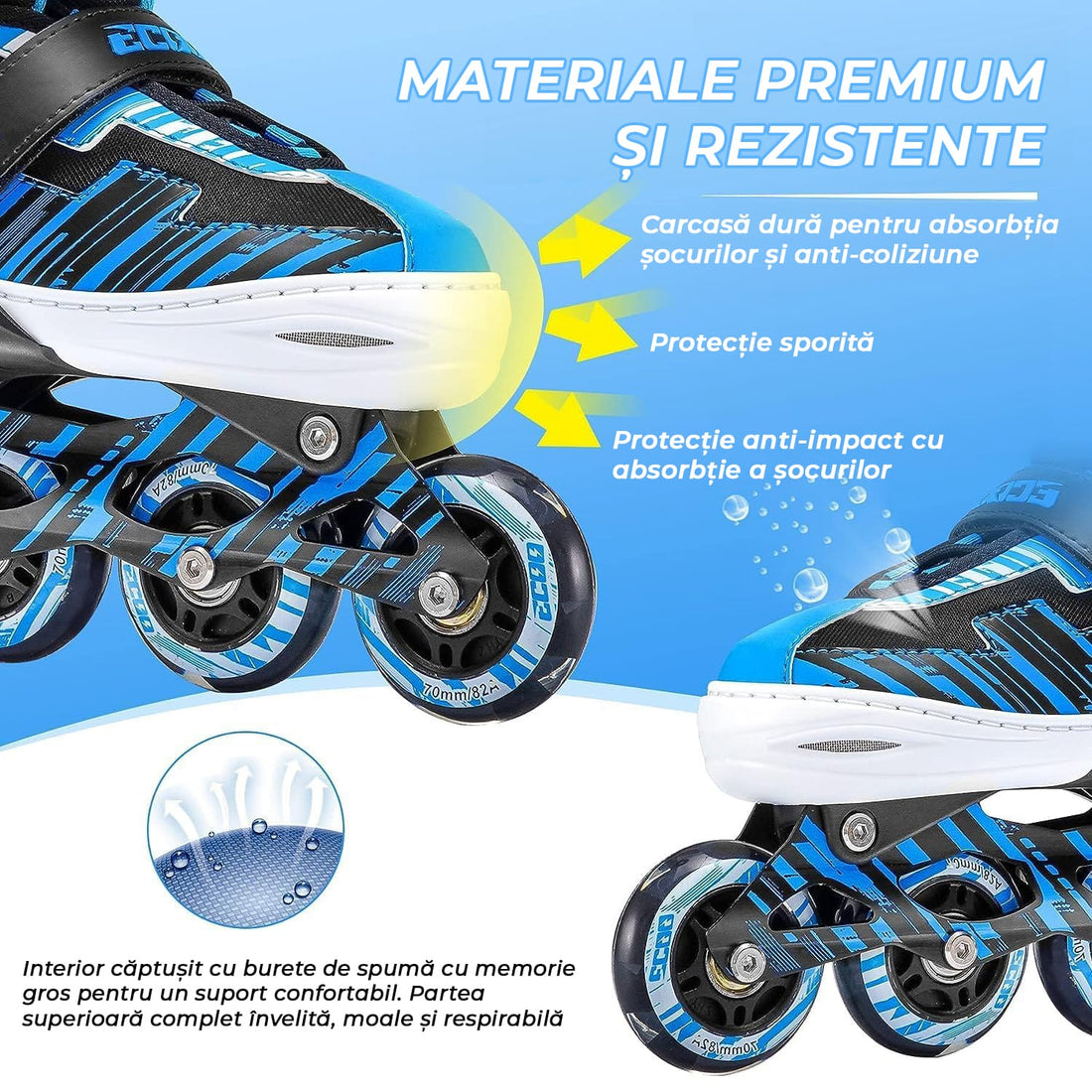 Role reglabile pentru copii si adulti, roti luminoase din silicon, 4 roti in linie, rulmenti ABEC-7, Aluminiu/poliuretan, model EK3, marimea XL 40-43, Albastru