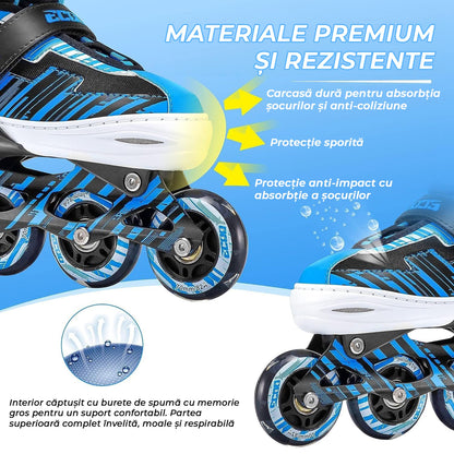 Role reglabile pentru copii si adulti, roti luminoase din silicon, 4 roti in linie, rulmenti ABEC-7, Aluminiu/poliuretan, model EK3, marimea XL 40-43, Albastru