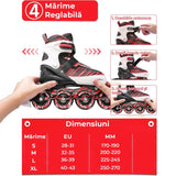 Role reglabile pentru copii si adulti, roti luminoase din silicon, 4 roti in linie, rulmenti ABEC-7, Aluminiu/poliuretan, model EK3, marimea S 28-31, Rosu