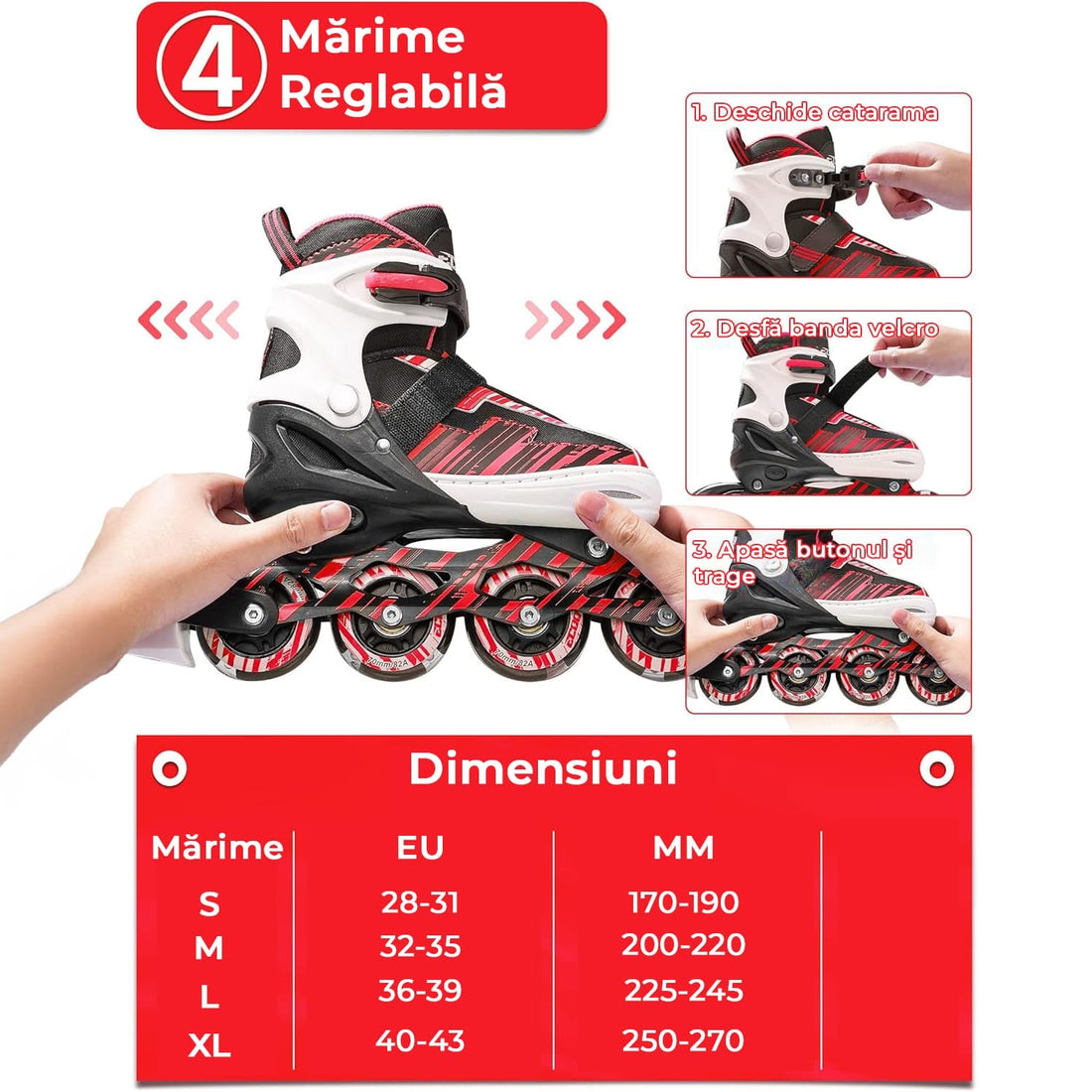 Role reglabile pentru copii si adulti, roti luminoase din silicon, 4 roti in linie, rulmenti ABEC-7, Aluminiu/poliuretan, model EK3, marimea M 32-35, Rosu