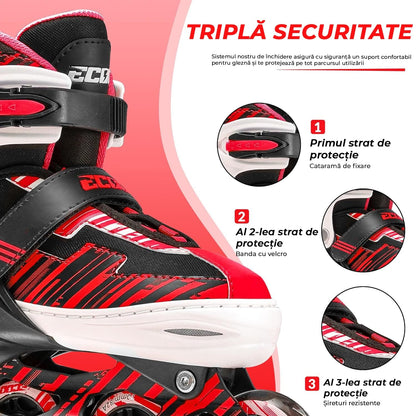 Role reglabile pentru copii si adulti, roti luminoase din silicon, 4 roti in linie, rulmenti ABEC-7, Aluminiu/poliuretan, model EK3, marimea L 36-39, Rosu