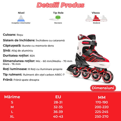 Role reglabile pentru copii si adulti, roti luminoase din silicon, 4 roti in linie, rulmenti ABEC-7, Aluminiu/poliuretan, model EK3, marimea L 36-39, Rosu