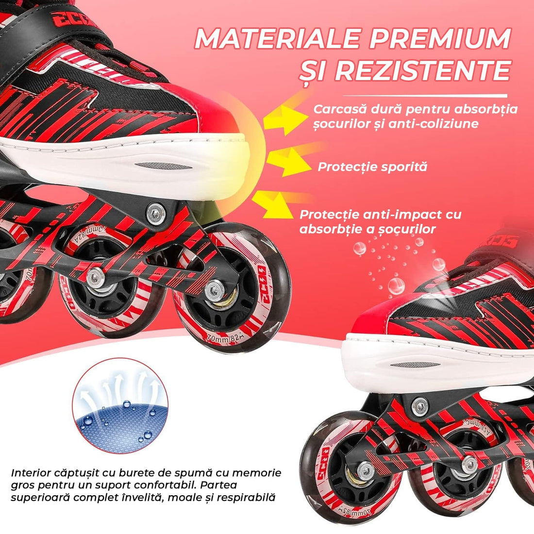 Role reglabile pentru copii si adulti, roti luminoase din silicon, 4 roti in linie, rulmenti ABEC-7, Aluminiu/poliuretan, model EK3, marimea XL 40-43, Rosu