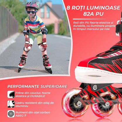 Role reglabile pentru copii si adulti, roti luminoase din silicon, 4 roti in linie, rulmenti ABEC-7, Aluminiu/poliuretan, model EK3, marimea XL 40-43, Rosu