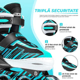 Role reglabile pentru copii si adulti, roti luminoase din silicon, 4 roti in linie, rulmenti ABEC-7, Aluminiu/poliuretan, model EK3, marimea S 28-31, Turcoaz