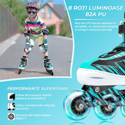 Role reglabile pentru copii si adulti, roti luminoase din silicon, 4 roti in linie, rulmenti ABEC-7, Aluminiu/poliuretan, model EK3, marimea S 28-31, Turcoaz